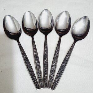 5 Stanley Roberts Rogers Stainless La Spana Teaspoon Spoons floral MCM flatware